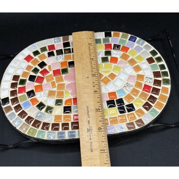 Mid Century Mosaic Tile Oval Trivet Multicolor Pink Hearts Black Metal Handles - Picture 11 of 14